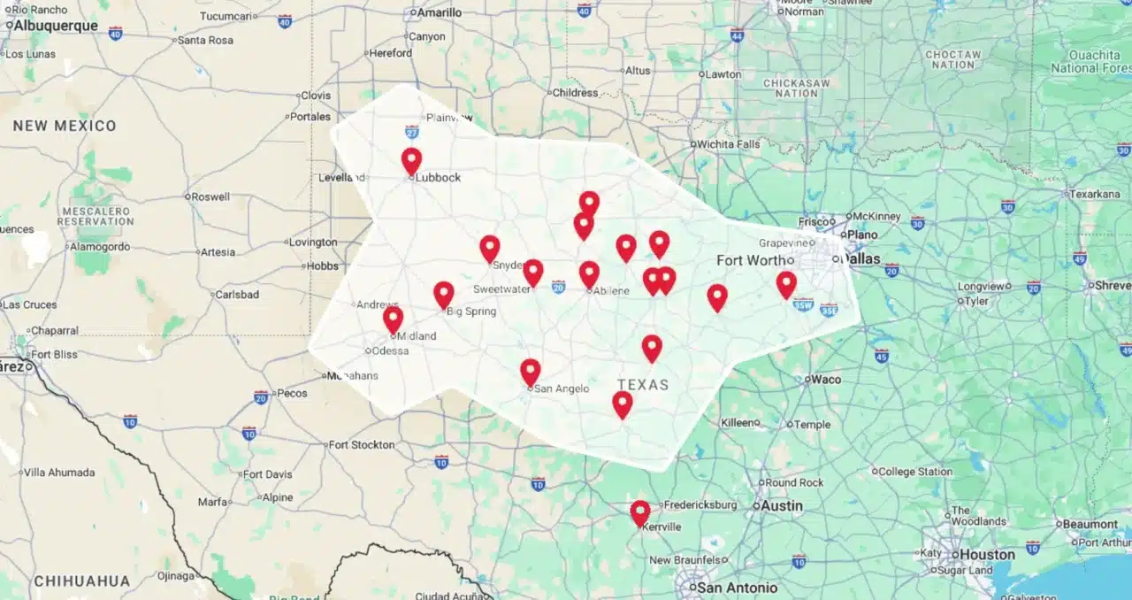 Black Plumbing service area map across West, Central and North Texas